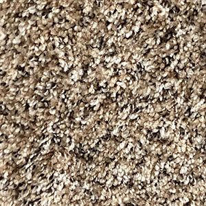 Close-up view of beige and brown textured carpet fibers.