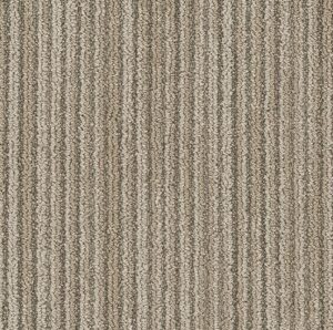 Beige and brown striped carpet with a textured, looped pile pattern running vertically across the surface.