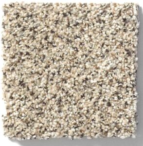 Square swatch of textured, beige carpet with gray and off-white speckles, shown against a white background.