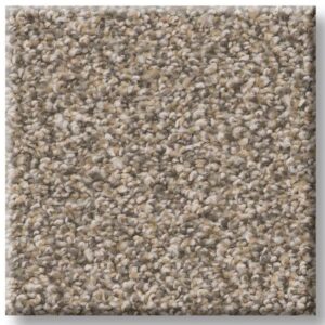 Square carpet sample in mixed beige, brown, and gray tones, showing a textured, looped pile surface.