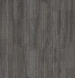 Close-up of a dark gray, striped carpet with vertical lines in varying shades of gray and subtle hints of brown.