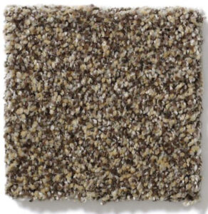 Square sample of textured brown and beige carpet with a mix of light and dark fibers.