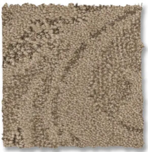 A square sample of light brown textured carpet with a subtle diagonal pattern and rough edges.