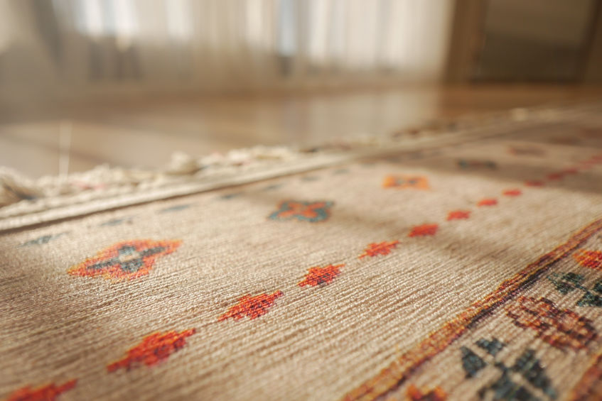A patterned rug rests on the flooring beside a mirror.