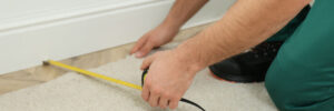 Worker with measuring tape installing new carpet indoors
