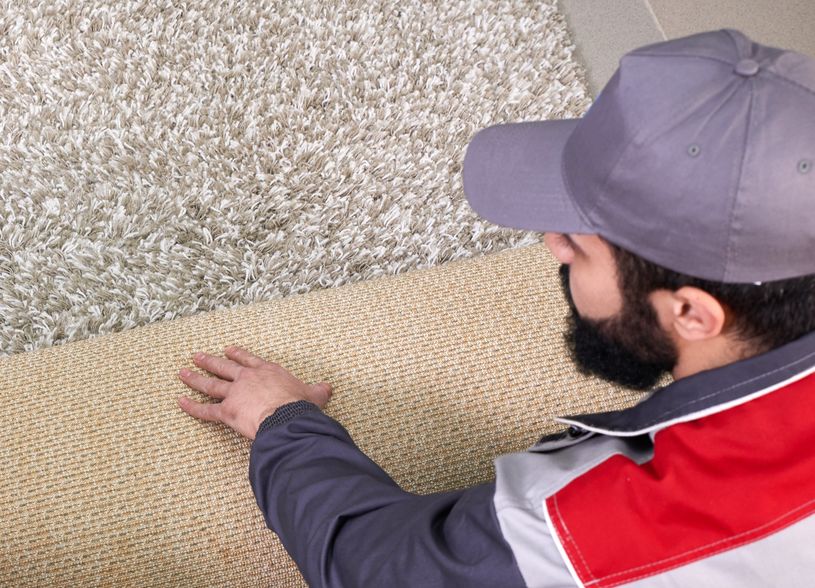 Male worker installing a new carpet